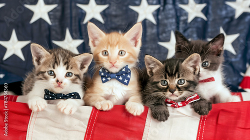 cute kittens sitting against the background of the American flag