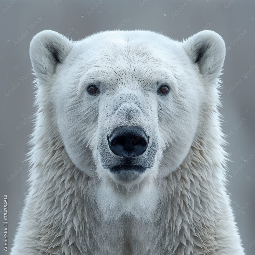 Close-up polar bear portrait with winter blue
backdrop Close-up polar bear portrait with winter blue
backdrop