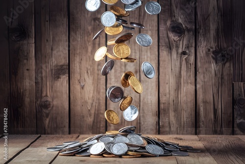 Silver and golden coins falling agnst a wooden wall backdrop