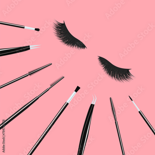 Makeup brushes set with 3d eyelashes. Cosmetics tools vector illustration. Lashes extensions accessories collection for beauty cards, visage salons designs. isolated on a cute pastel background