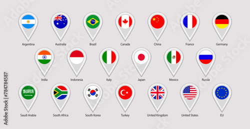 G20 flags map pointers stickers vector illustration. US, EU, Canada, China simple national symbols with location sign, markers and members states names. The Group of Twenty official flags icons