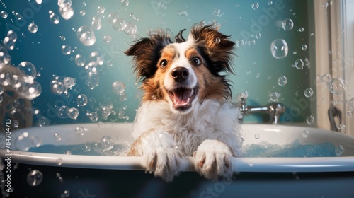Happy cheerful dog takes a bath with foam and bubbles. Can be used for grooming salons, veterinary clinics