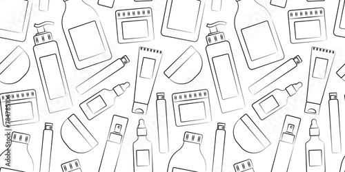 Pattern Sketch of tubes, bottles of Cosmetics. Seamless print of creams, lotions, sprays. Skin, body and hair care products. Oil, fillers. Scattered outline goods. Drawn in pencil. Vector illustration