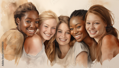Group of young diverse women, friendship and unity, watercolor portrait with copy space