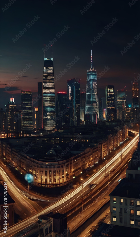 A timelapse of a big city at night, with lights twinkling and traffic flowing