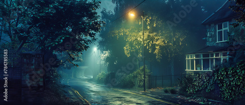 Foggy Night in the Park, Mysterious Autumn Scene with Trees and Street Lamp, Dark and Moody Landscape