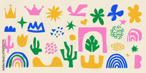 Colorful organic shape doodle set. Childish collage cutouts of tropical leaf, star, rainbow, bird, butterfly, crown. Vector graphics design elements 