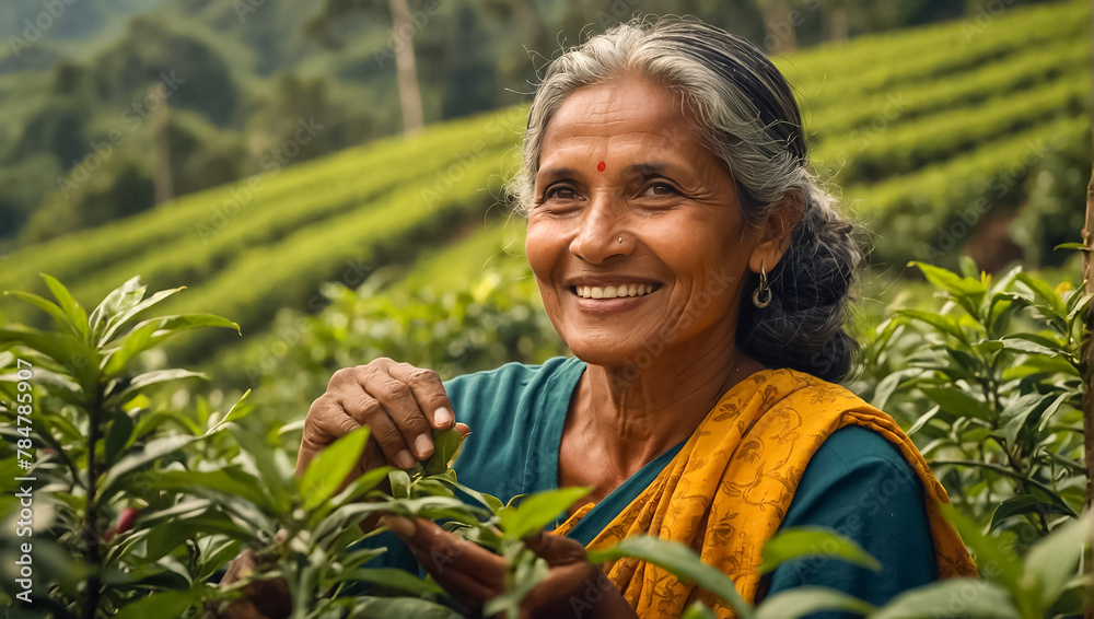 Smiling woman picking tea in Sri Lanka - obrazy, fototapety, plakaty 
