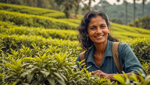 Smiling woman picking tea in Sri Lanka harvesting