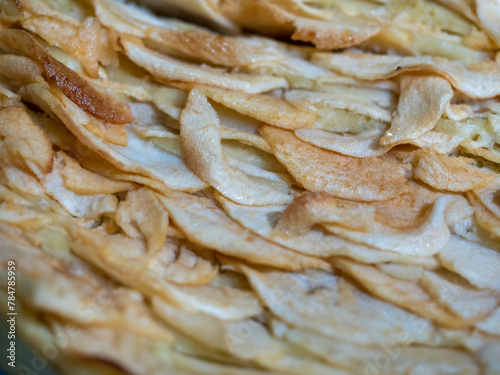 closeup of apple pie. Macro photo of food, selective focus