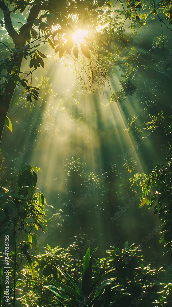 studio shot of A dense forest with sunlight streaming through the canopy, realistic travel photography, copy space for writing