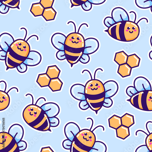 Cartoon cute bee seamless pattern. Kawai insects on blue bacground