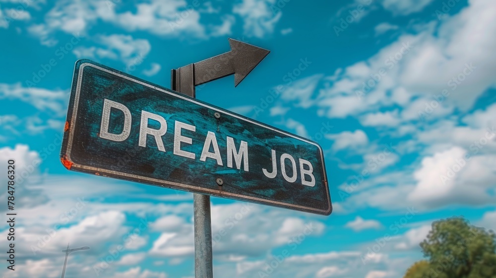 Fototapeta premium road sign against a bright blue sky with the words DREAM JOB and an arrow pointing forward.