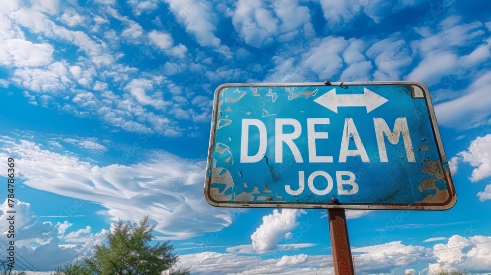 Fototapeta premium road sign against a bright blue sky with the words DREAM JOB and an arrow pointing forward.