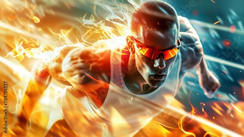 Intense Runner Engulfed in Flames of Speed, Racing to Victory in Vivid Hues, Olympic spirit