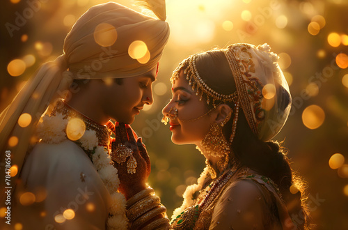 Indian bride and groom in ceremonial dress. Warm bokeh lighting in the background. Lord Krishna and Goddess Shri Ram holding hands in romantic way