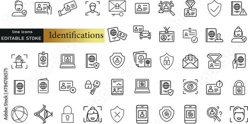 Identifications thin line icon set. Symbol collection in transparent background. Editable vector stroke.