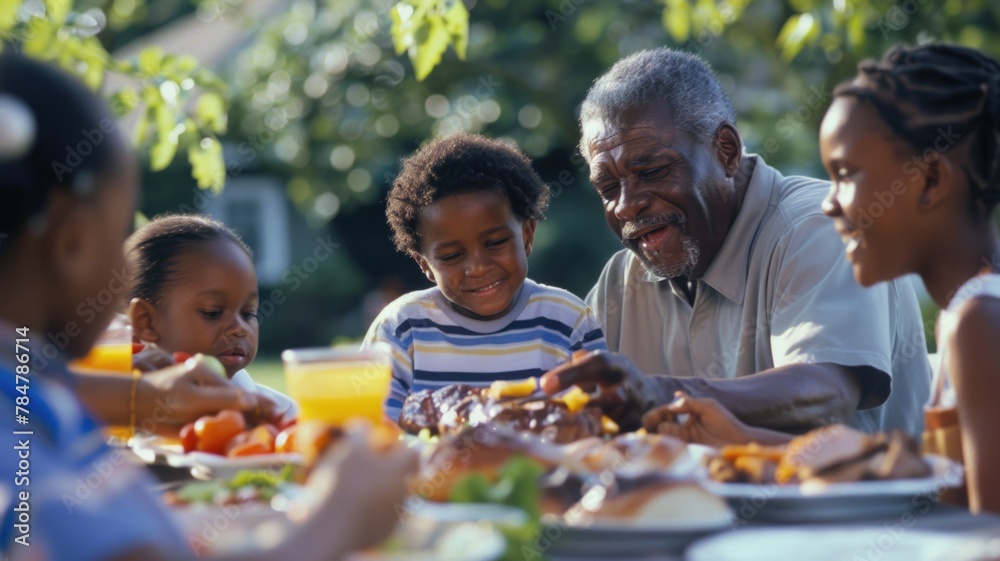 joyful family gathering outdoors around a table filled with food, where a grandfather shares a laugh with his grandchildren, basking joyful family gathering outdoors around a table filled with food, where a grandfather shares a laugh with his grandchildren, basking