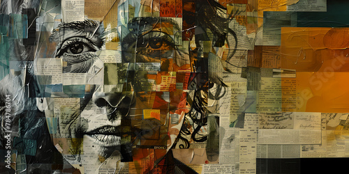 Collage from woman face with note  newspaper and handwritten text. Experience of person  private life