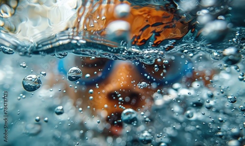 Abstract image of a swimmer diving into crystal clear water, bubbles and ripples visible