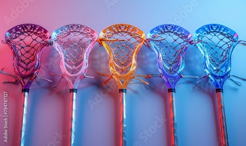 Abstract composition of lacrosse sticks crossed in mid-air, with vibrant color gradients photo