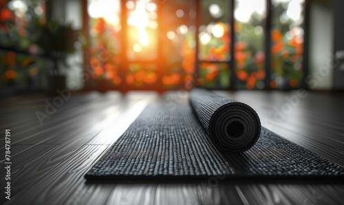 Abstract image of yoga mat and props in studio, soft focus, monochromatic color scheme photo