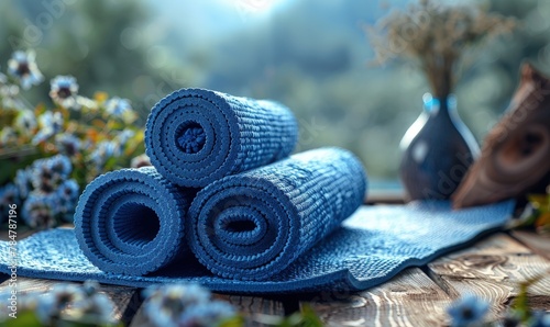 Abstract image of yoga mat and props in studio, soft focus, monochromatic color scheme