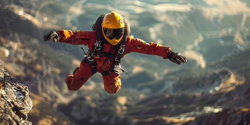 Base jumper leaping off a cliff in a thrilling moment of adrenaline and excitement