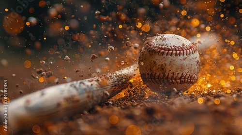 Baseball bat with a ball flying off in the distance, power and skill photo