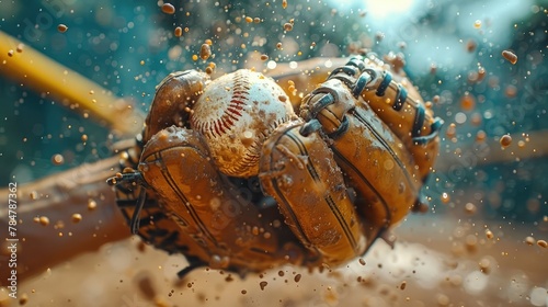 Baseball glove catching a ball in mid-air, focus and skill photo