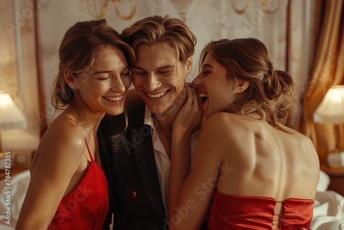 The concept of a threesome. A man and two women in love. A man in a suit and two women in red dresses in the same bed. Polygamy or bigamy.