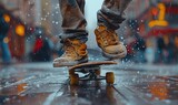 Close-up of a skateboarder's feet flipping a board in mid-air, showcasing skill and precision