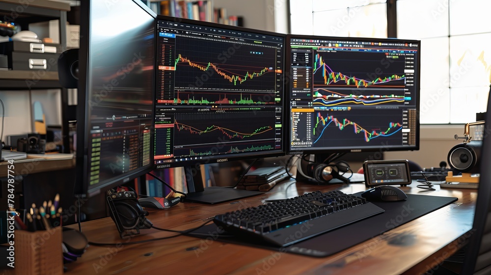 Fototapeta premium Seasoned Stock Market Player Analyzing Investment Charts on Dual Monitors