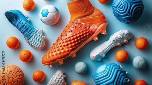 Creative image of shin guards and soccer cleats on a white background, unique angles photo