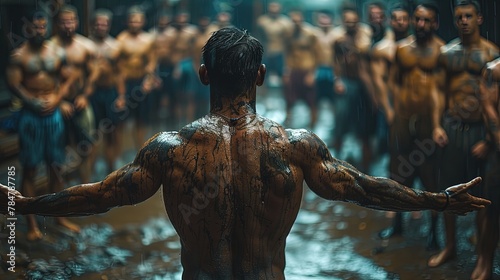 Crossfit coach leading a group class, gritty urban setting, grunge style