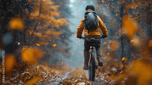 Cyclist riding through a forest trail, nature adventure