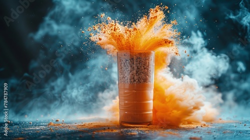 Dynamic image of a shaker bottle being vigorously shaken with protein powder inside, motion blur photo