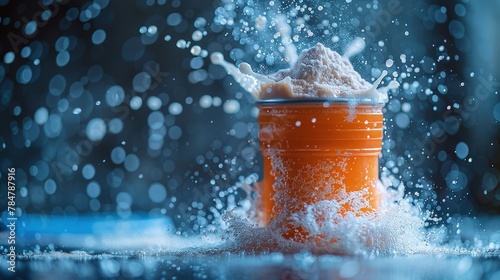 Dynamic image of a shaker bottle being vigorously shaken with protein powder inside, motion blur