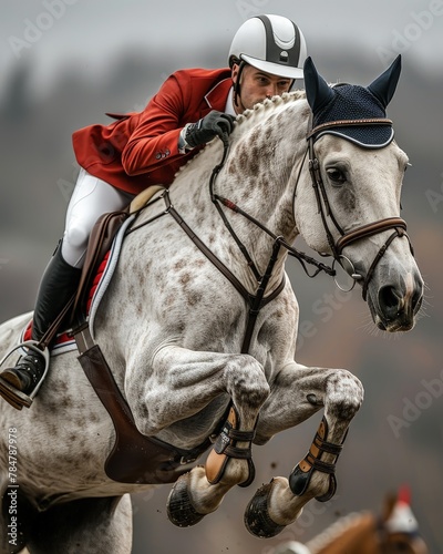 Equestrian rider jumping over a barrier in a show jumping competition, elegance and power in motion