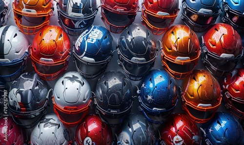 Dynamic photo of football helmets on a white background, action-packed composition photo