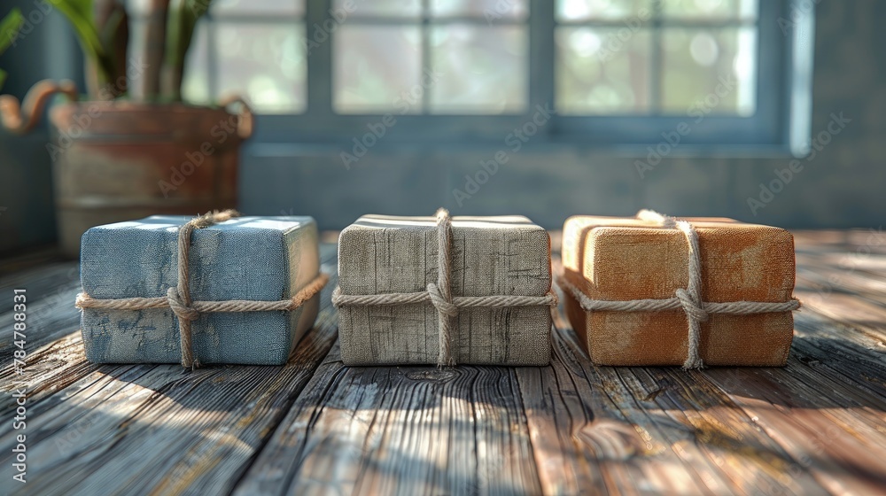 Minimalist composition of yoga blocks and straps on wooden floor, soft natural lighting