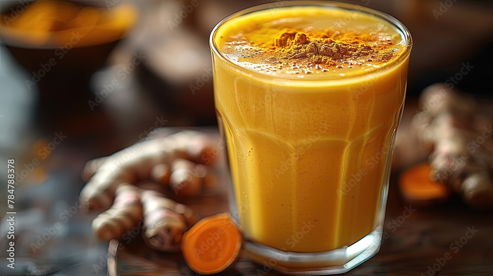 Moody image of a glass of turmeric milk with a golden glow, warm lighting Moody image of a glass of turmeric milk with a golden glow, warm lighting