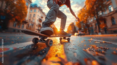 Skateboarding coach teaching a skateboarder tricks on a city street, urban grunge style photo