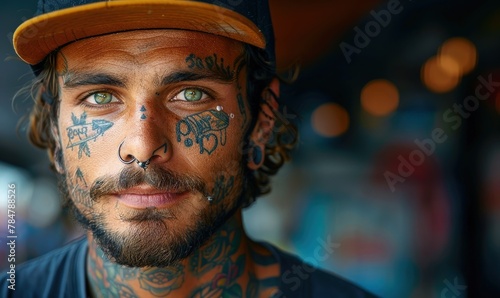 Portrait of a skateboarder with tattoos and piercings, exuding confidence and street style