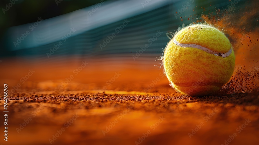 Tennis ball bouncing on the court in motion blur, fast-paced action