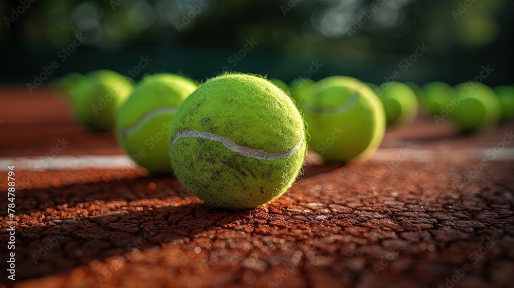 Tennis balls scattered on a clay court, sunny day with crisp shadows
