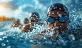 Swimmers racing in a pool with water splashes frozen in time, competitive energy and speed