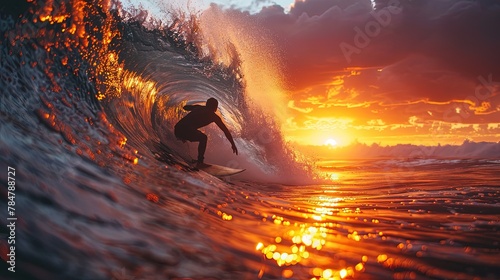 Surfer catching a wave at sunrise, surfing paradise