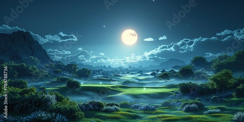 Surreal image of a golf course at night, with glowing golf balls flying through the air and moonlight shining