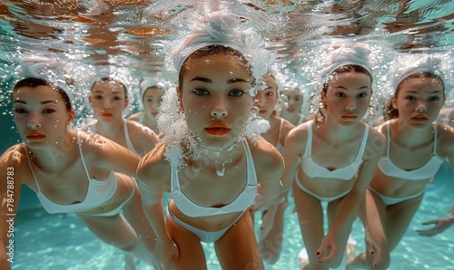 Synchronized swimmers in intricate formation underwater, pastel colors, elegant poses